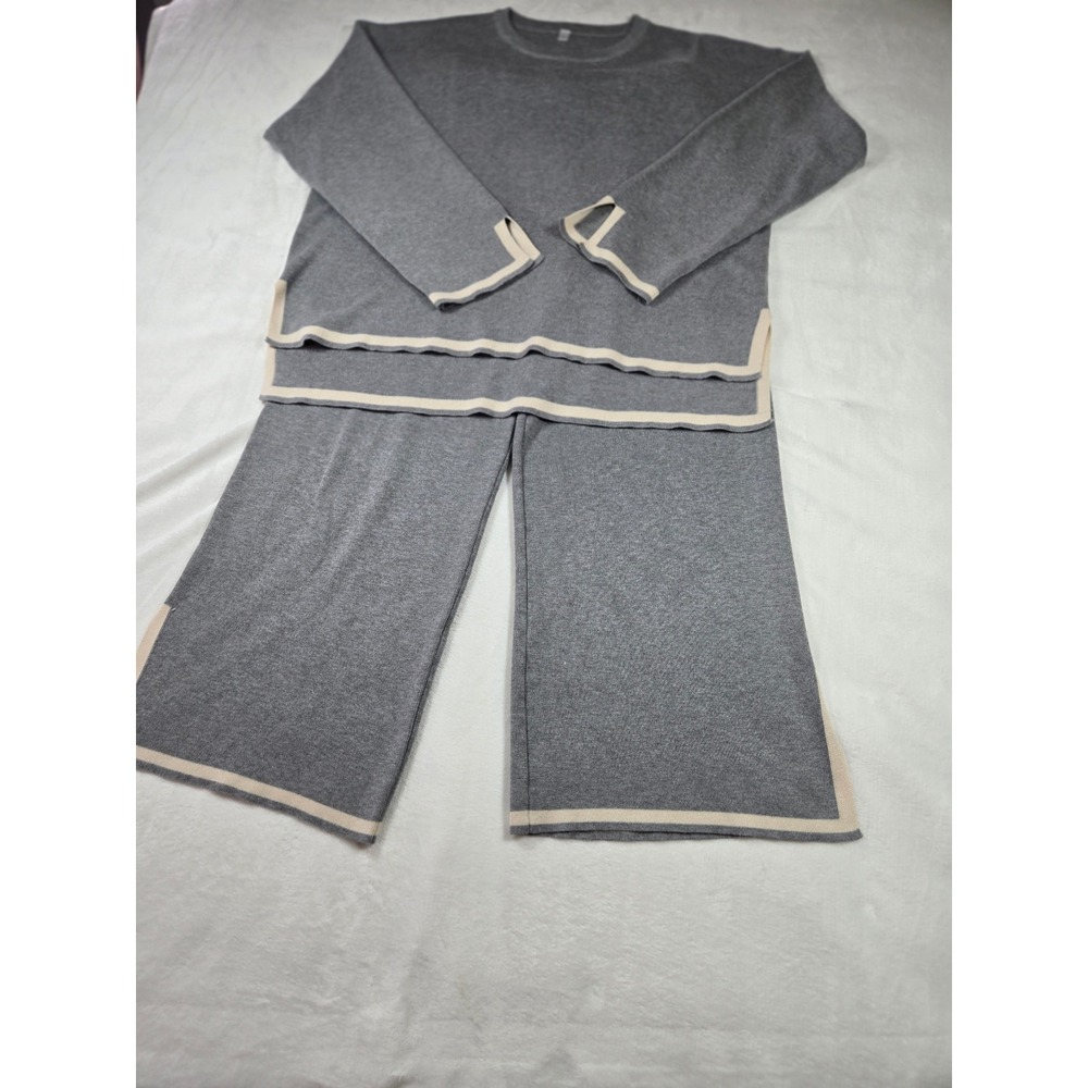 Grey Knit Loungewear Set Wide Leg Pants Crewneck Top Large Set Minimalist